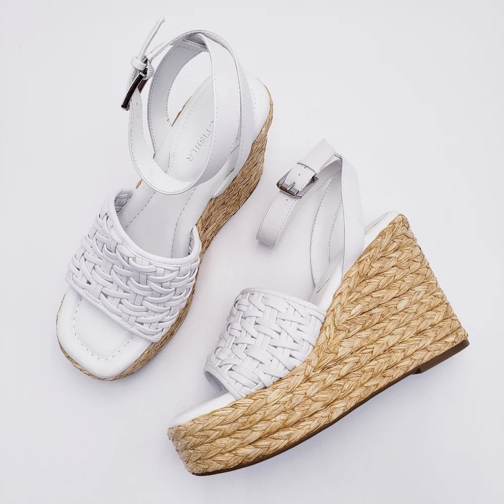 Marc Fisher Godina‎ Wedge Platform Espadrille Sandal White 4.5